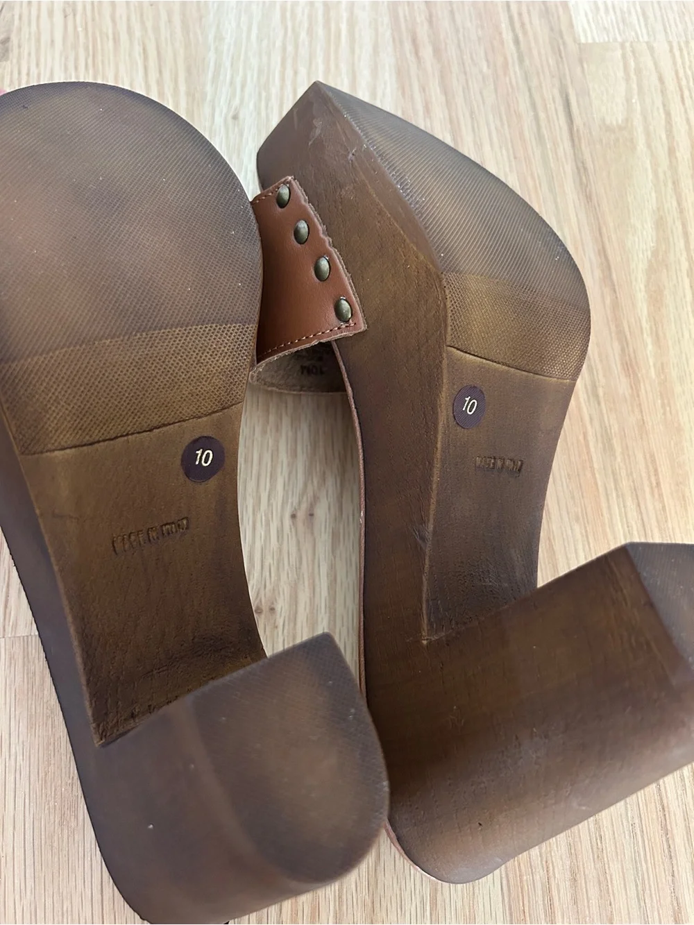 Nine West Tan Leather Platform Slide Sandals